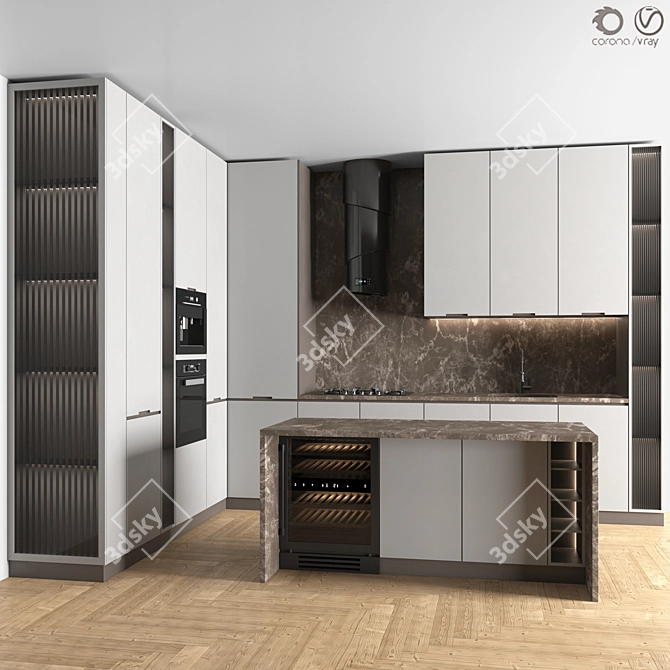 Modern Corner Kitchen Set with Appliances 3D model image 1