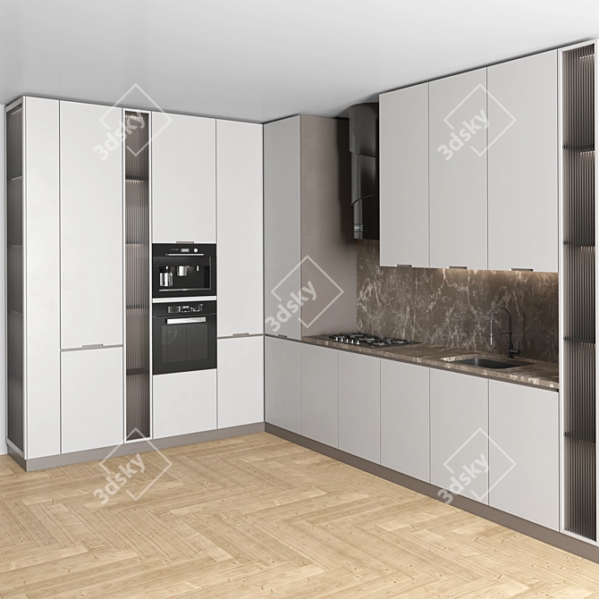 Modern Corner Kitchen Set with Appliances 3D model image 3