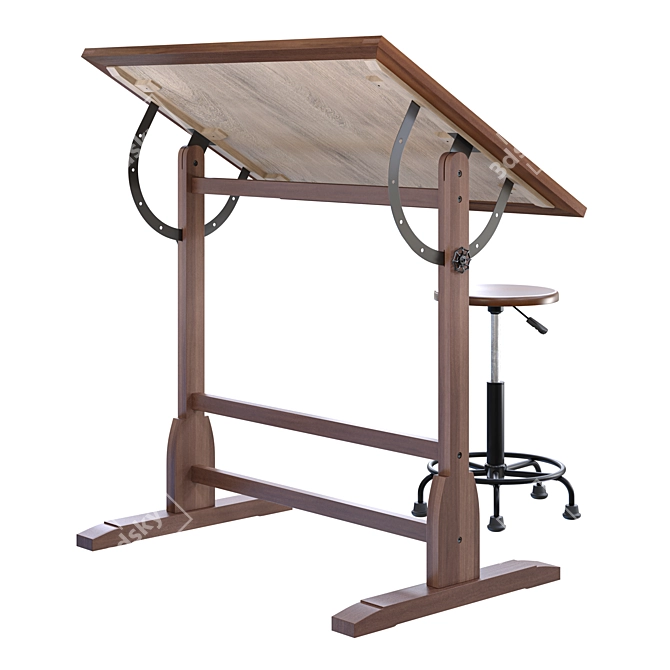 Retro Drafting Table & Stool 3D model image 2