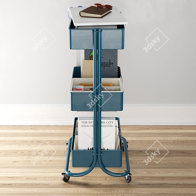 Blue 3-Tier Rolling Cart 3D model image 3