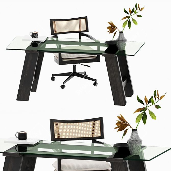 Rattan Cane Desk Chair Set 3D model image 1
