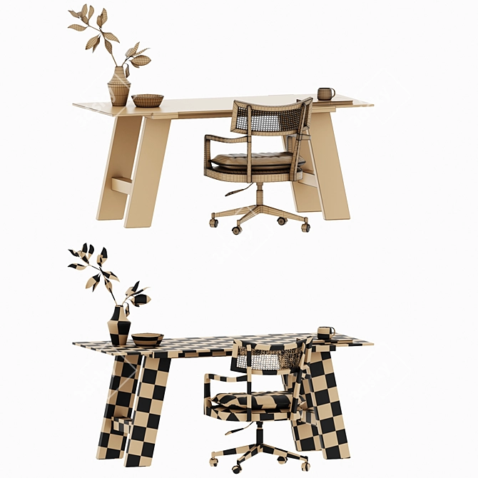 Rattan Cane Desk Chair Set 3D model image 5