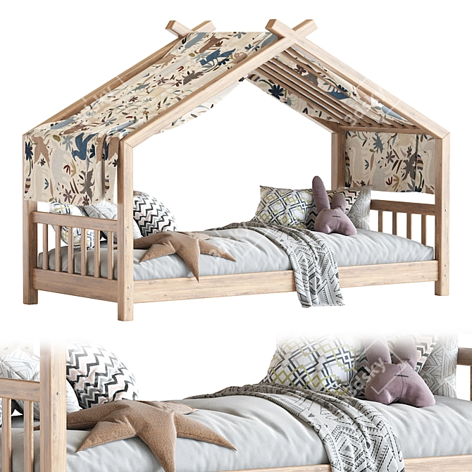 Rustic Wood Kids Bed House 3D model image 1
