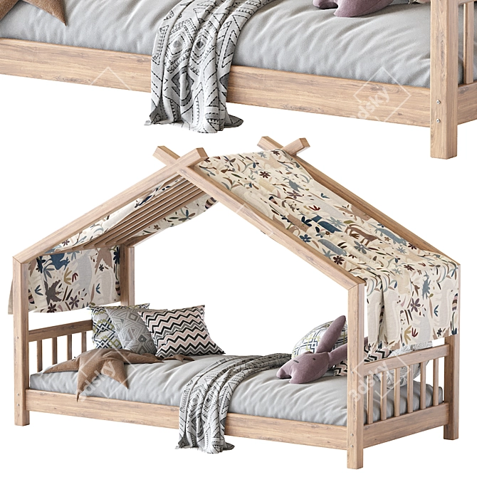 Rustic Wood Kids Bed House 3D model image 3