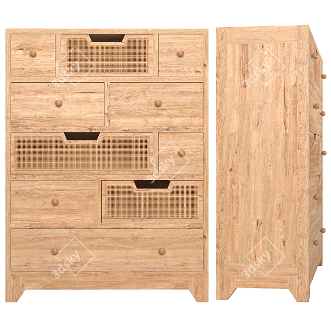 Rustic Wood Rattan Inlay Chest 3D model image 2