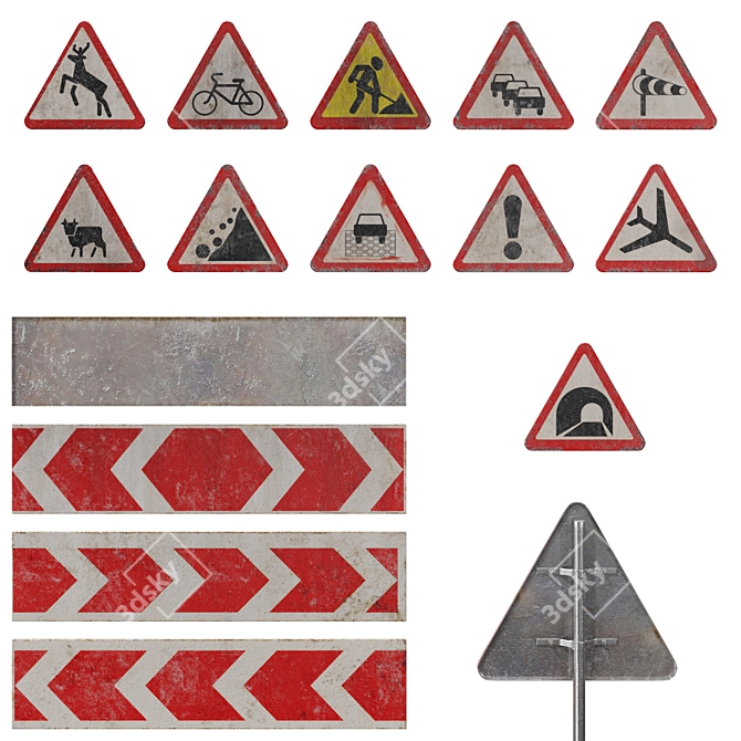 Warning Road Signs Set 3D model image 1