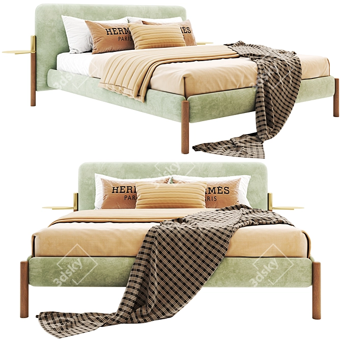 Elegant Wood & Fabric Bed 3D model image 2