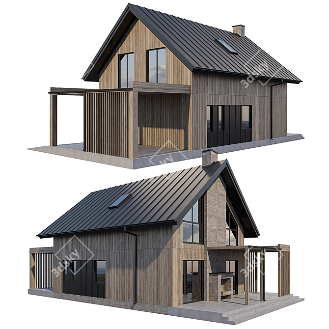 Modern Two-Story Cottage with Fireplace 3D model image 2