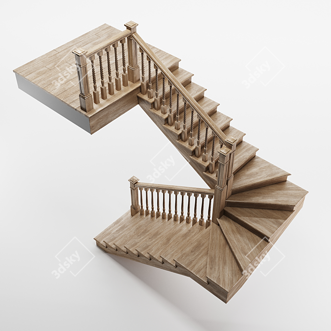 Wooden Spiral Staircase - Two-Flight 3D model image 2