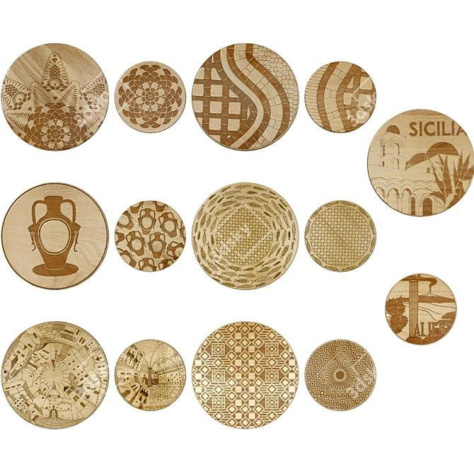 Ethnic Wooden Plate Collection 3D model image 1