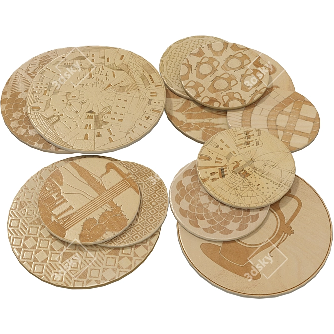 Ethnic Wooden Plate Collection 3D model image 3