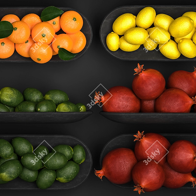 Citrus Fruit Collection in Black Stone Bowl 3D model image 2