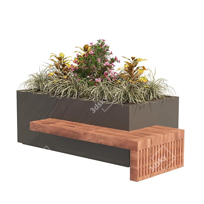 Modern Floral Wood Bench Planter 3D model image 3