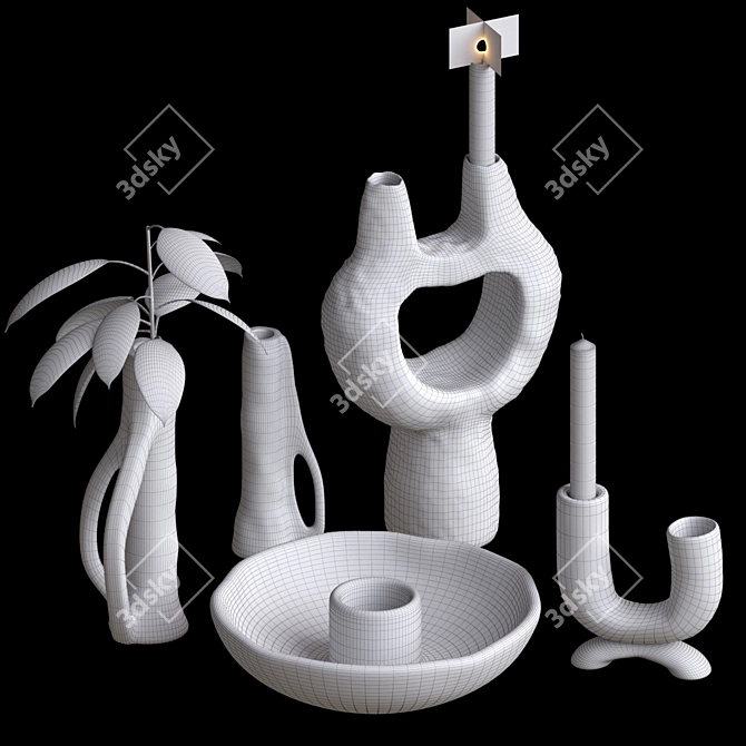 Floral Candle Set with Holder 3D model image 2