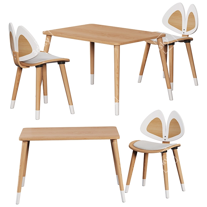 Montessori Wooden Table & Chairs 3D model image 1