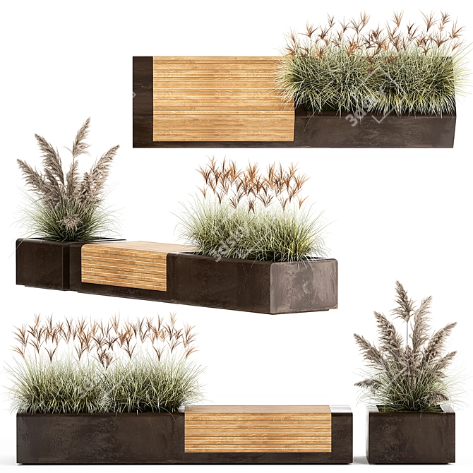 Rustic Bench with Ornamental Grasses 3D model image 1
