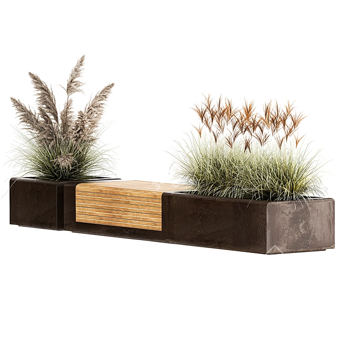 Rustic Bench with Ornamental Grasses 3D model image 2