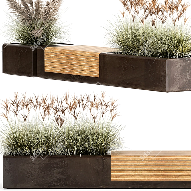 Rustic Bench with Ornamental Grasses 3D model image 3