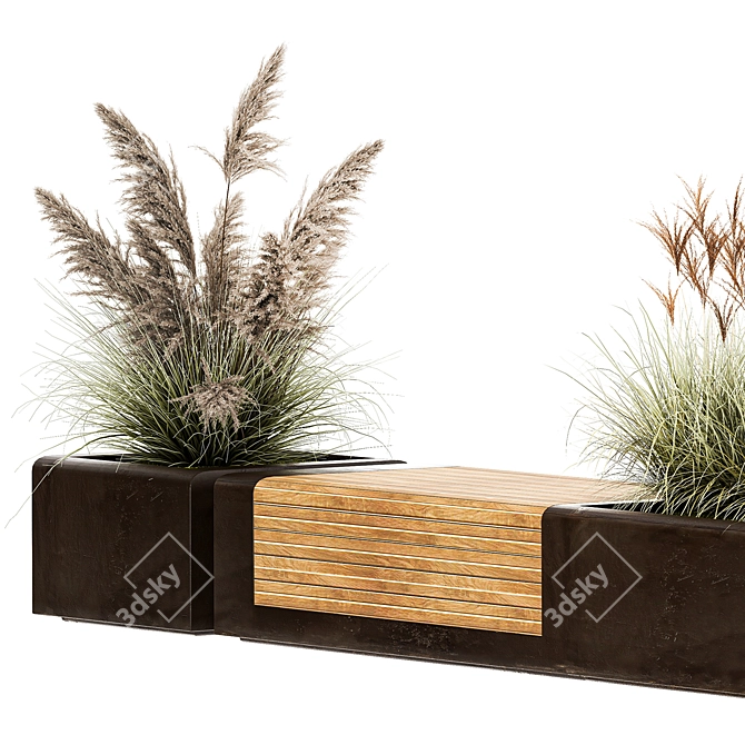 Rustic Bench with Ornamental Grasses 3D model image 6