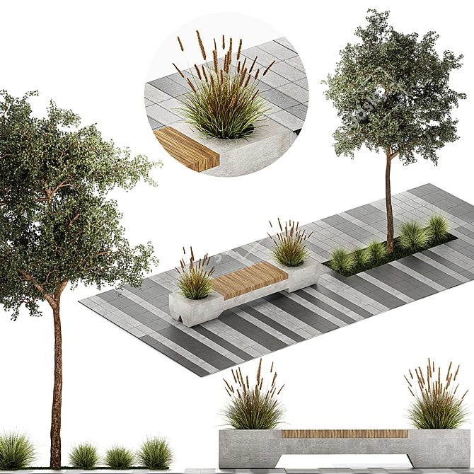 Urban Landscape Collection: Bench, Planters, Trees 3D model image 1