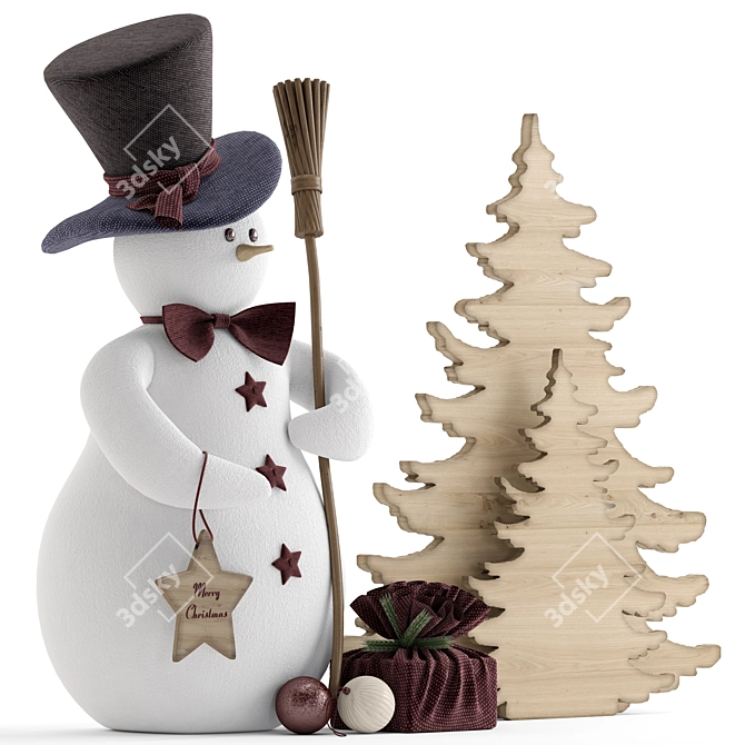 Festive Snowman & Wooden Tree 3D model image 1