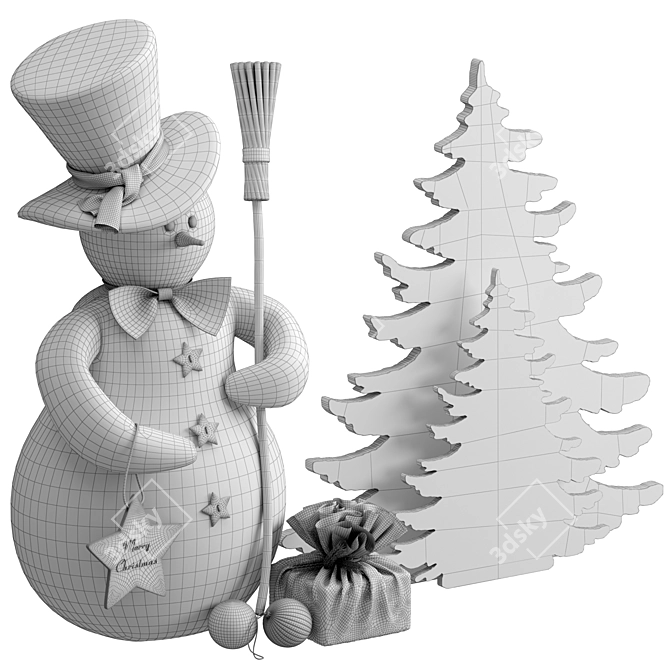 Festive Snowman & Wooden Tree 3D model image 6