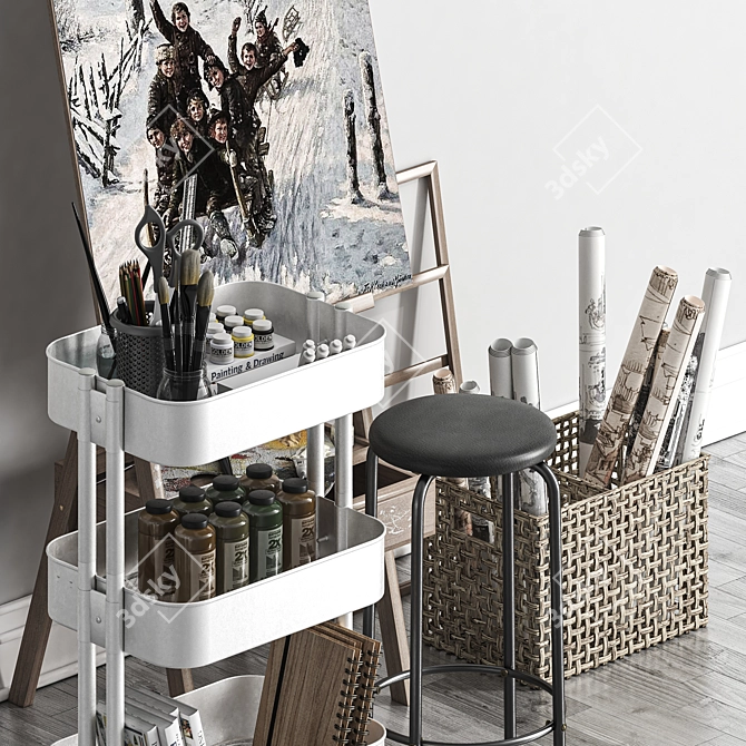 Artist Easel & Utility Cart Set 3D model image 3