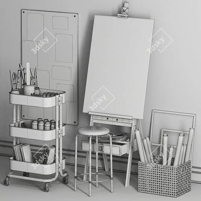 Artist Easel & Utility Cart Set 3D model image 5