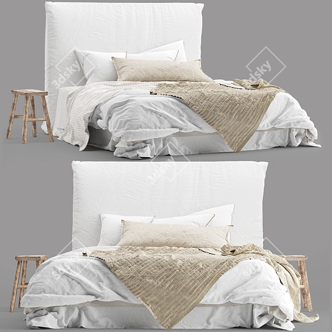 Luxury Linen Bed with Bedhead 3D model image 1