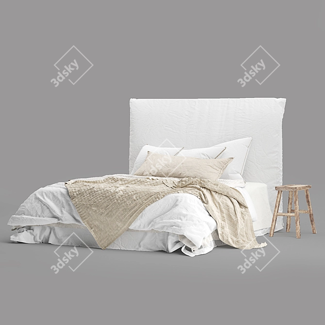 Luxury Linen Bed with Bedhead 3D model image 2