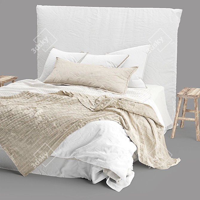 Luxury Linen Bed with Bedhead 3D model image 3