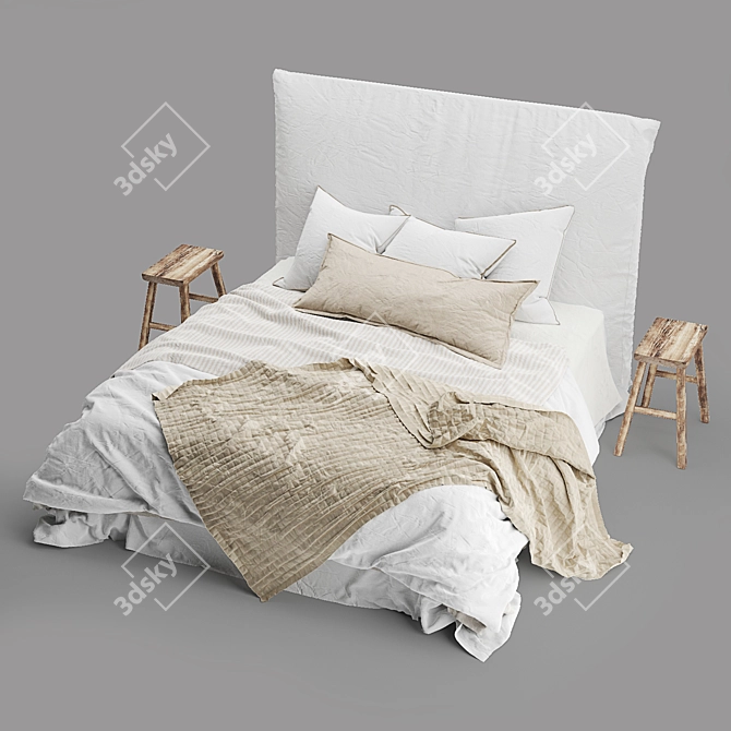 Luxury Linen Bed with Bedhead 3D model image 4