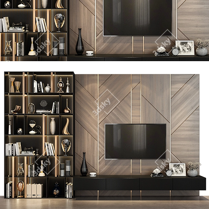 Modern Plywood TV Wall Decor 3D model image 1