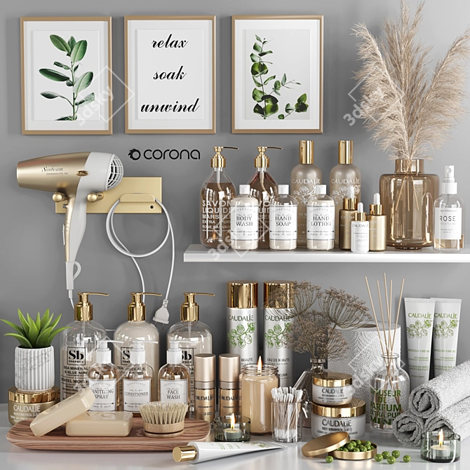 Modern Bathroom Accessory Set: Flowers, Candles, Brush 3D model image 1