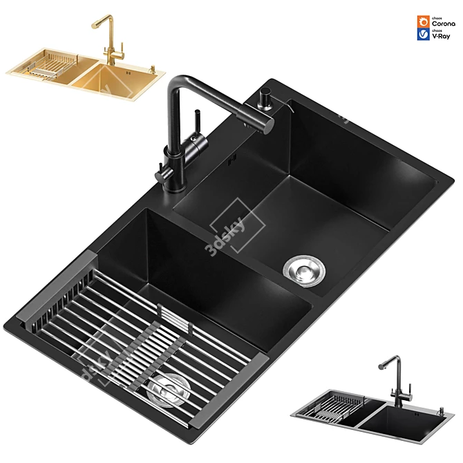 Gold Stainless Double Bowl Kitchen Sink 3D model image 1