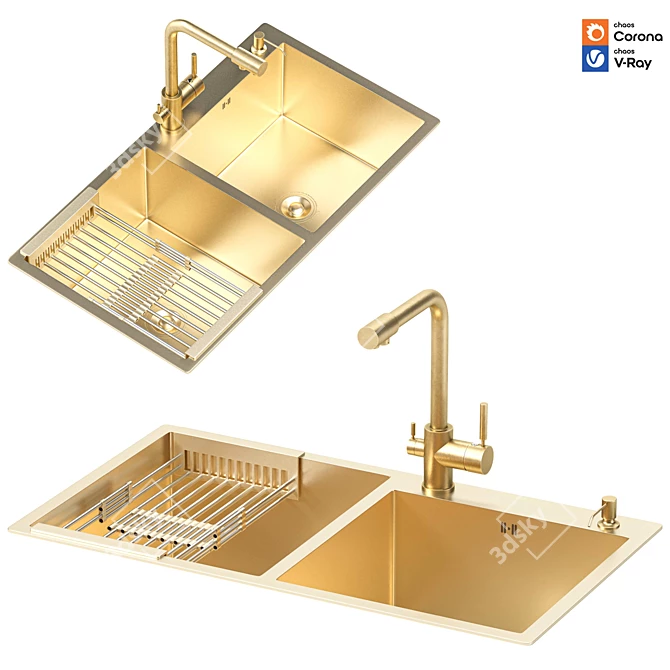 Gold Stainless Double Bowl Kitchen Sink 3D model image 4