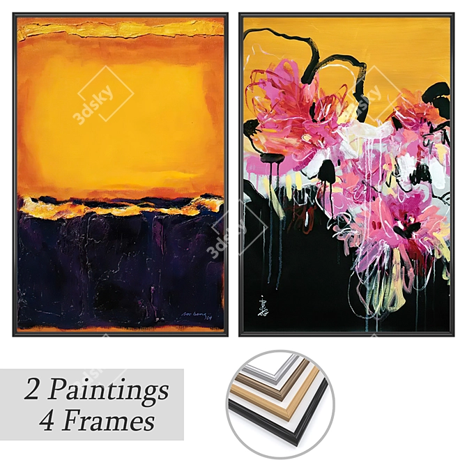 - 2 Paintings & 4 Frames Set 3D model image 1