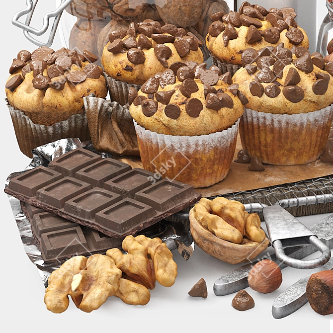 Decadent Chocolate Muffins & Nuts 3D model image 3