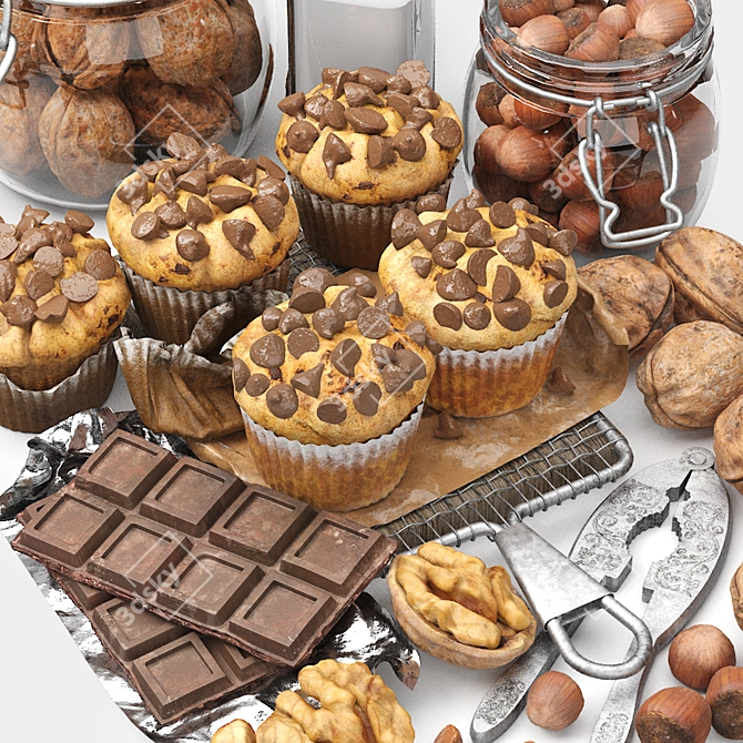 Decadent Chocolate Muffins & Nuts 3D model image 4