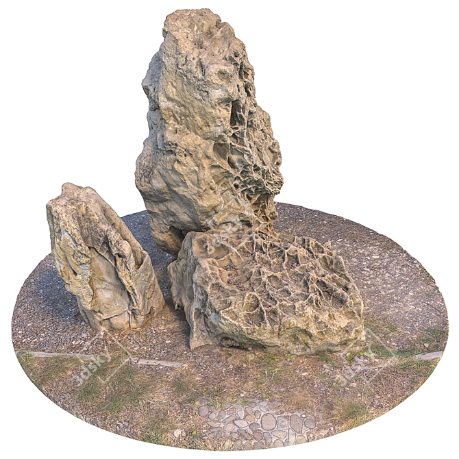 3 Stone Composition with Grass 3D model image 1