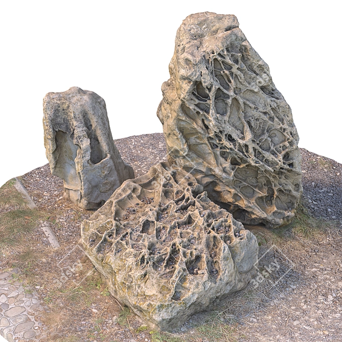 3 Stone Composition with Grass 3D model image 4