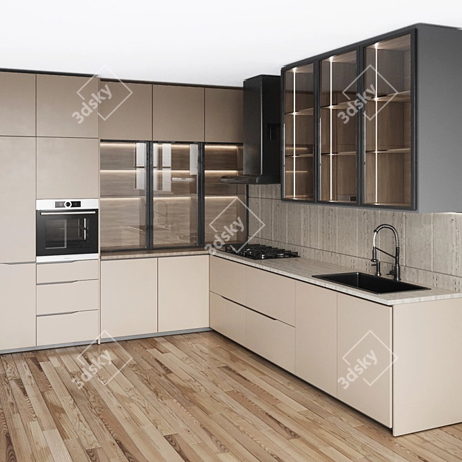 Modern L-Shape Minimalist Kitchen 3D 3D model image 1