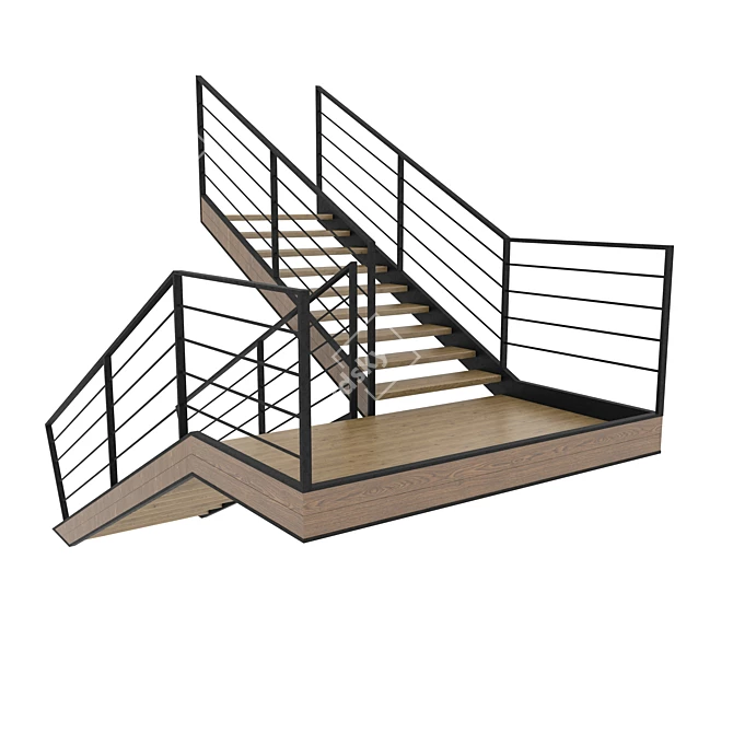 Modern Wooden Staircase with Metal Railing 3D model image 2