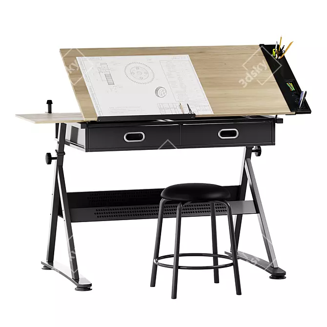 Adjustable Drawing Table with Chair 3D model image 1