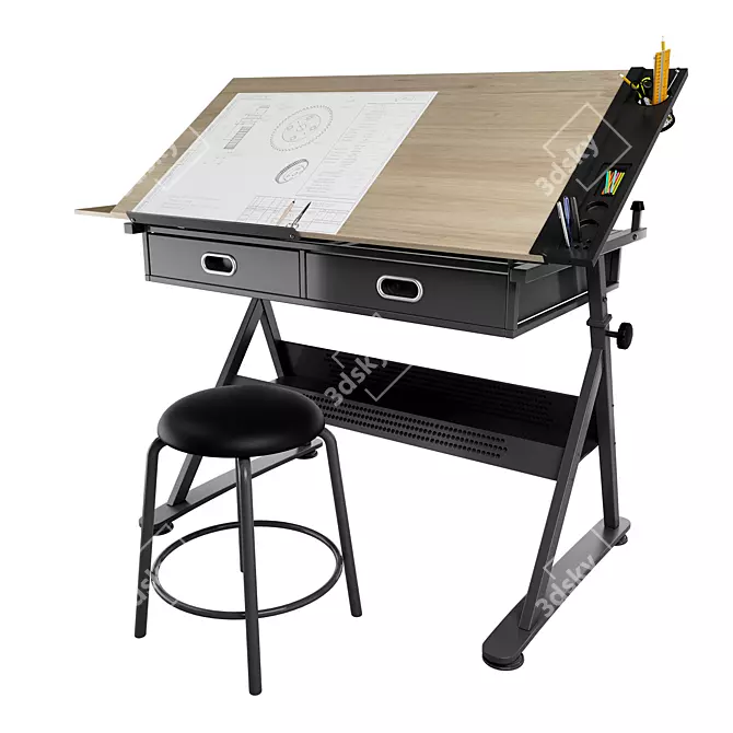 Adjustable Drawing Table with Chair 3D model image 3