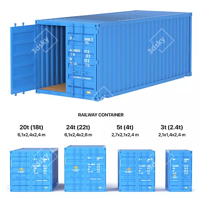 Railway containers models, RAL 5012. 3D model image 1