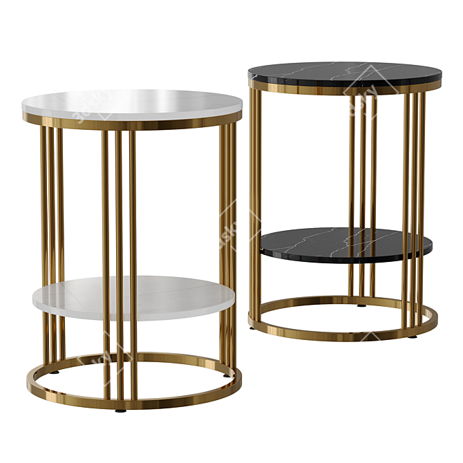 Round Bedside Nightstand Table Golden White 3D model image 1