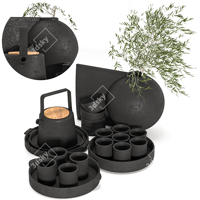 Elegant Black Tea Tableware Set 3D model image 4