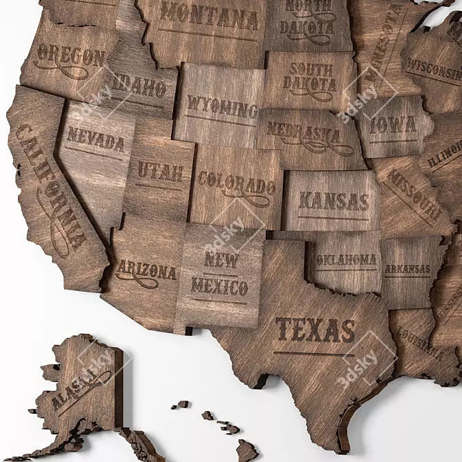 Vintage Wooden USA Wall Map 3D model image 2