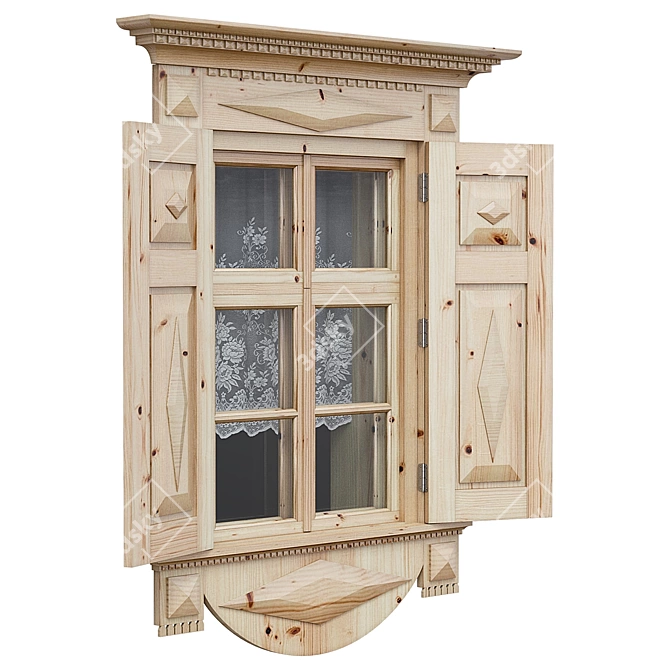 Rustic Wooden Window with Shutters 3D model image 2